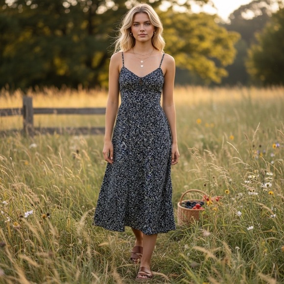 Old Navy Dresses & Skirts - Old Navy Floral Ditsy Midi Dress Smocked Back Pockets Milkmaid Cottagecore XS